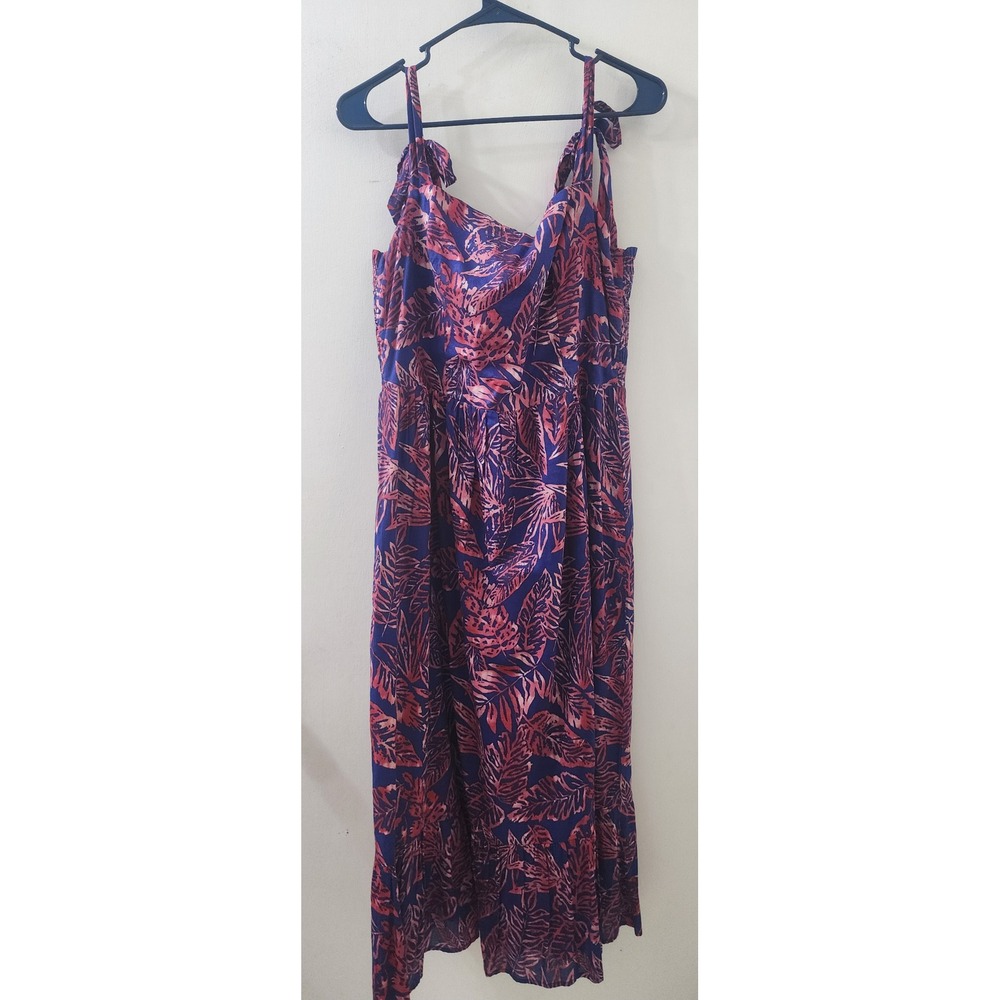 Fresh Produce Blue Pink Tropical Leaf Cotton Smocked Tie Strap Maxi Dress L